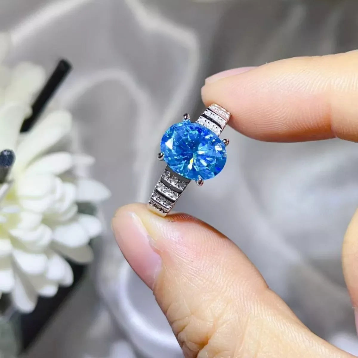 3 Carat Moissanite Oval Ring In Sterling Silver With Side Stones - Southern Shores Clothing