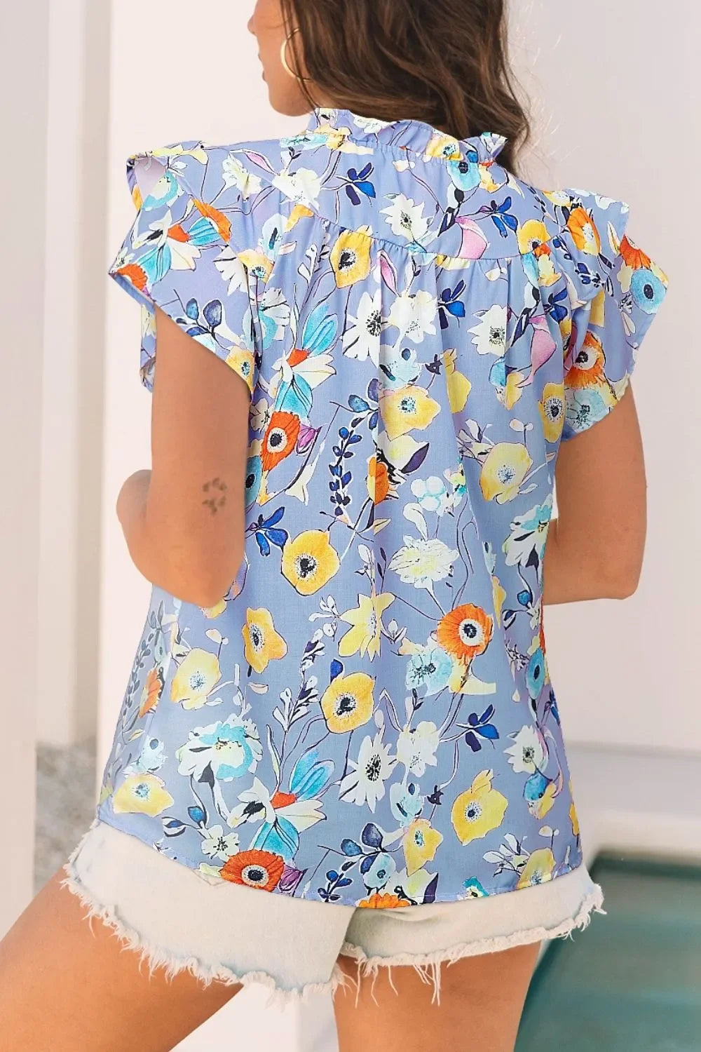 Printed Ruffle Cap Sleeve Notched Blouse - Southern Shores Clothing