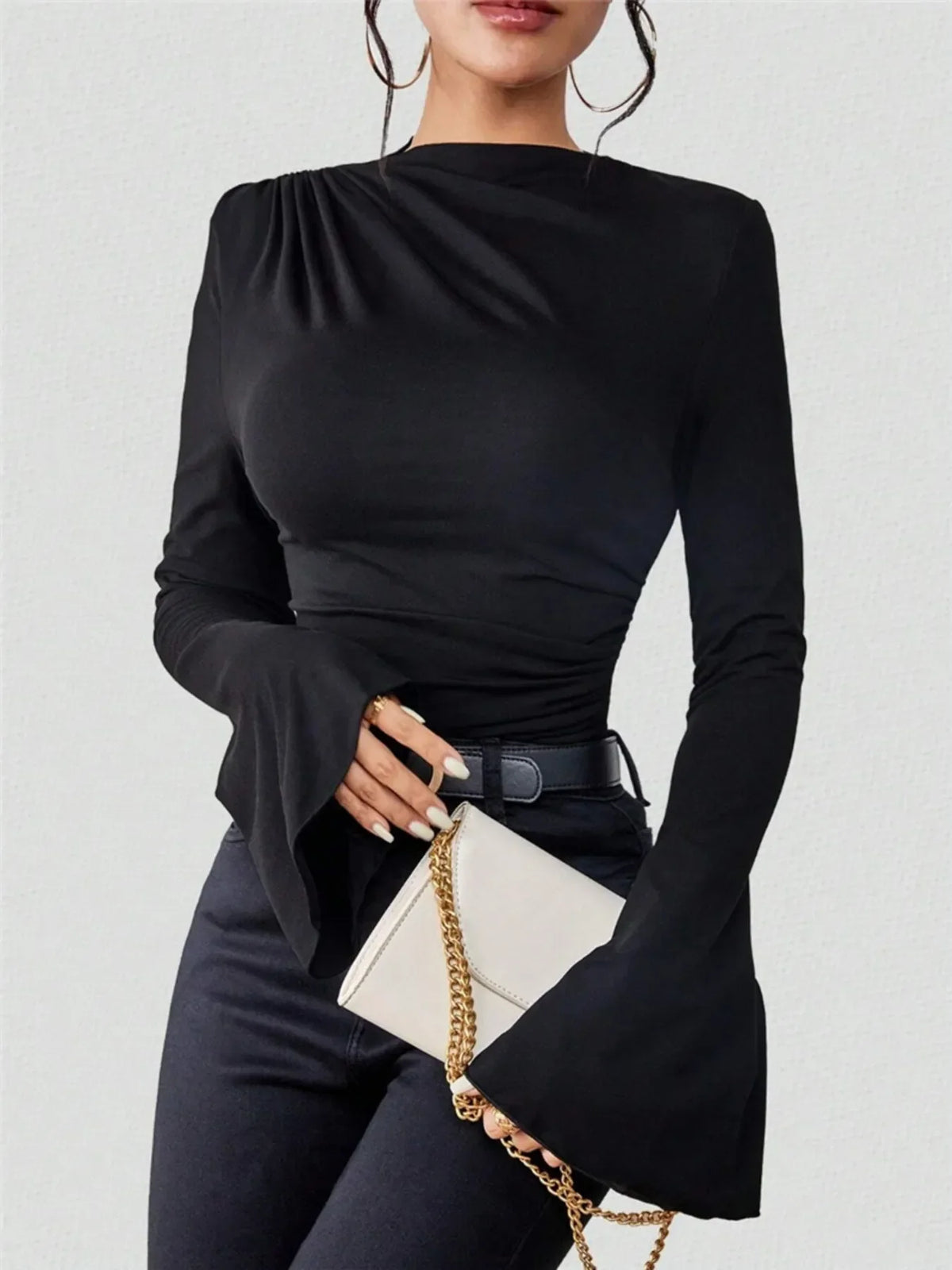 Bell Sleeve Ruched Fitted T-Shirt with Mock Neck - Southern Shores Clothing