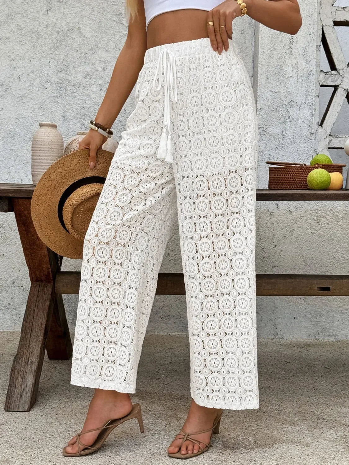 Sheer Mesh Lace Wide Leg Pants With Breathable Fabric Design - Southern Shores Clothing