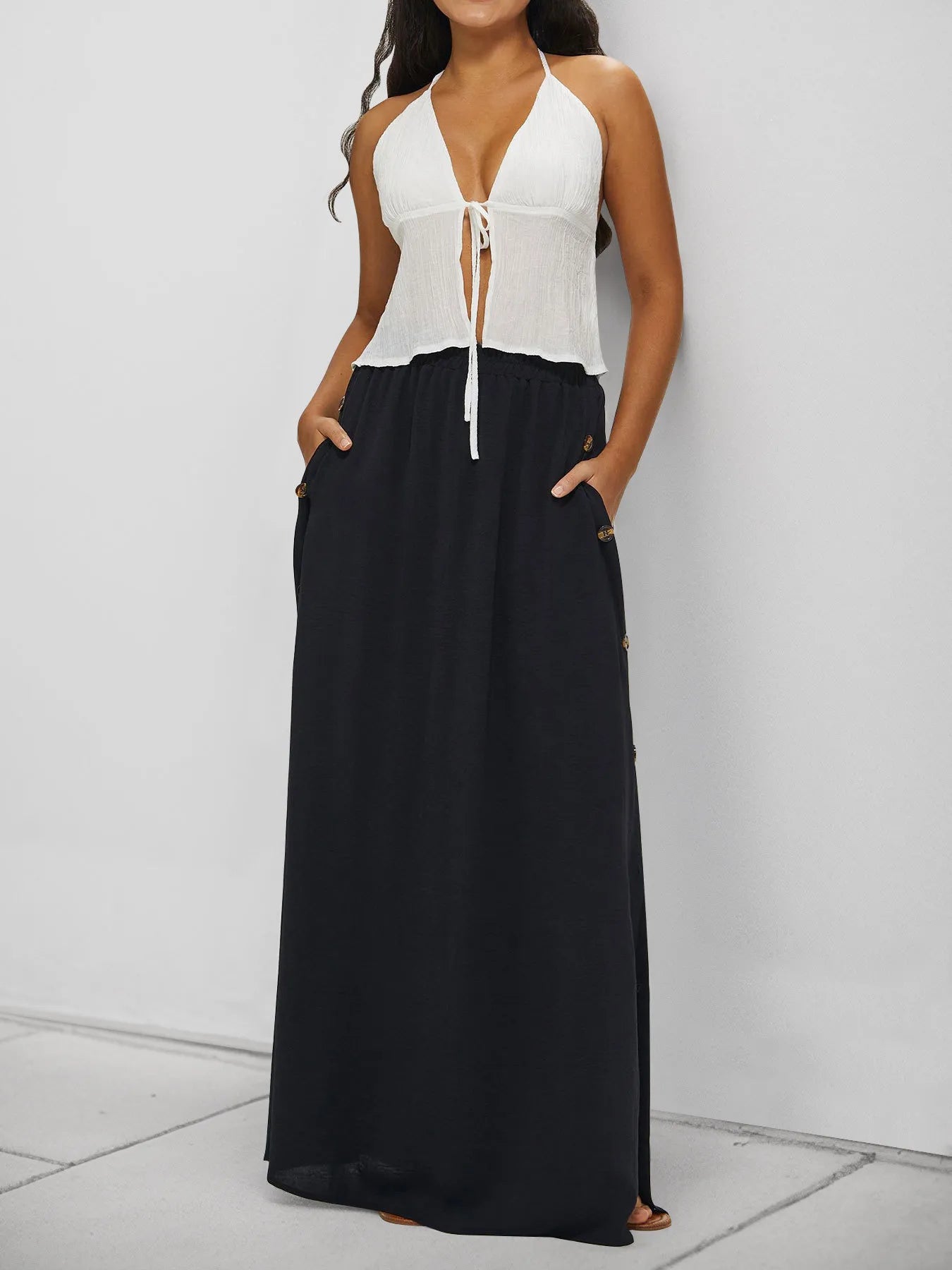 Coastal High Waist Maxi Skirt with Pockets for Women