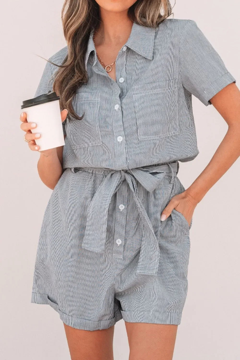 Cotton Tie Waist Romper With Chest Pockets - Southern Shores Clothing