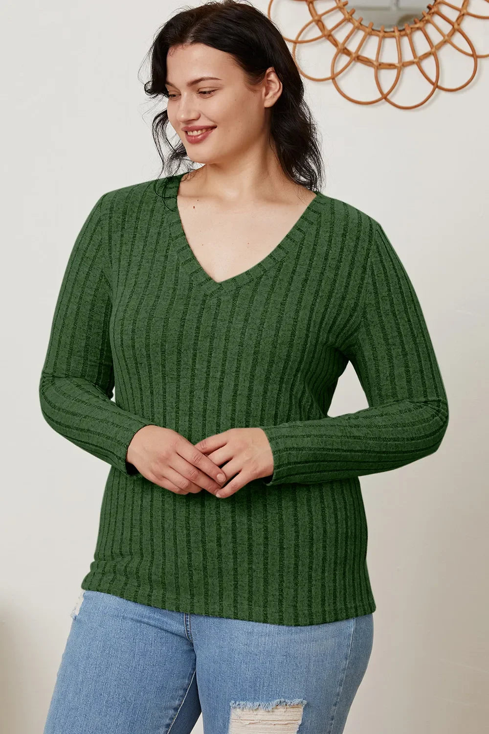 Classic Ribbed V-Neck Long Sleeve Knit Tee Top - Southern Shores Clothing