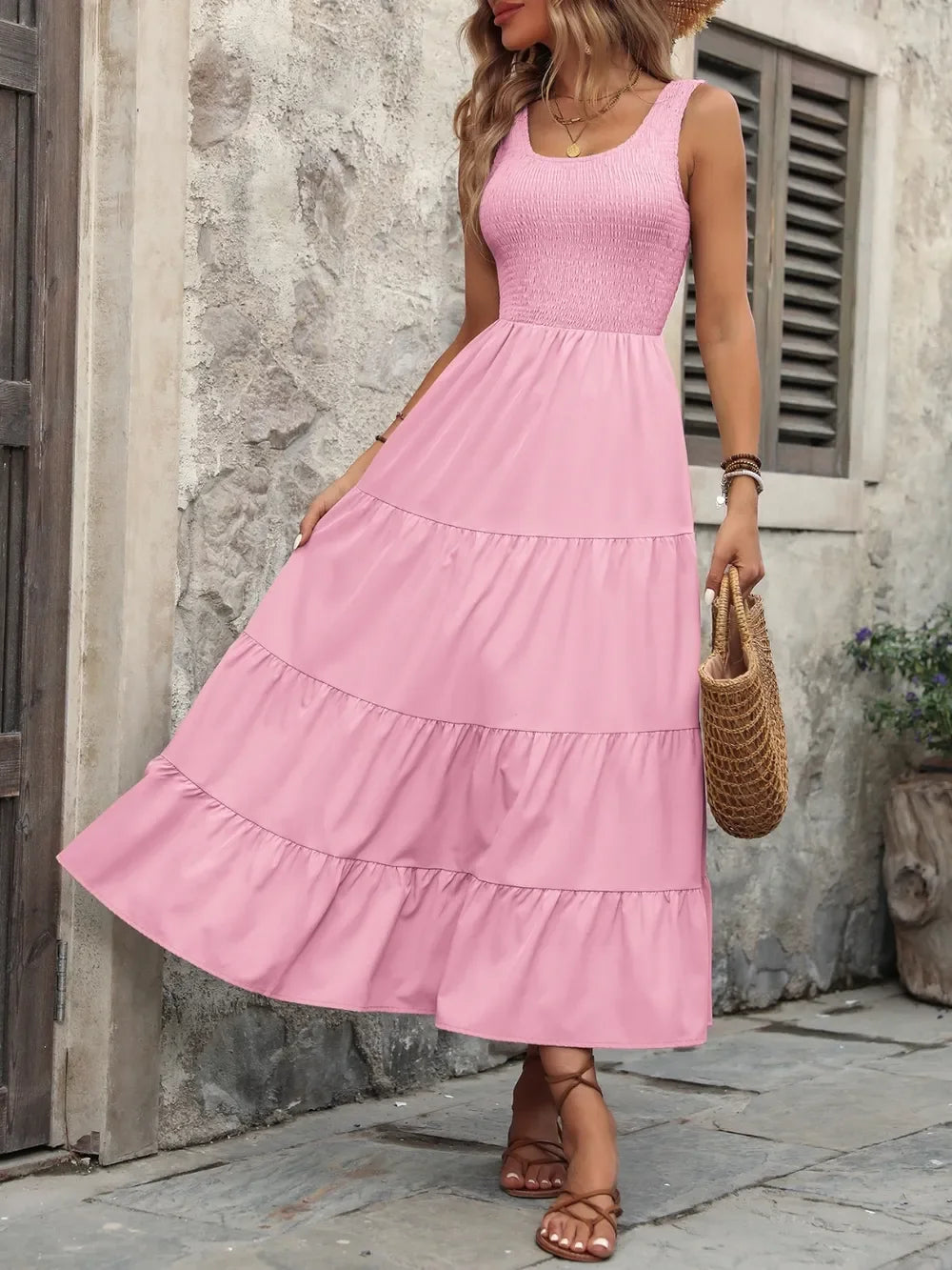 Smocked Scoop Neck Sleeveless Tank Dress - Southern Shores Clothing