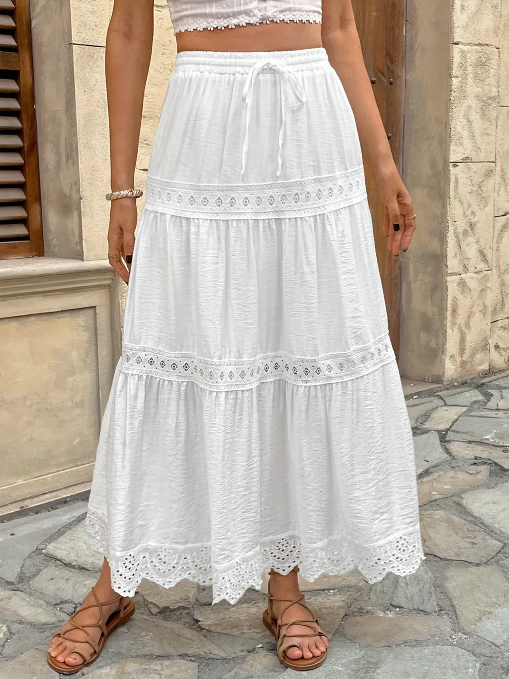 Coastal Lace Detail Elastic Waist Skirt for Women
