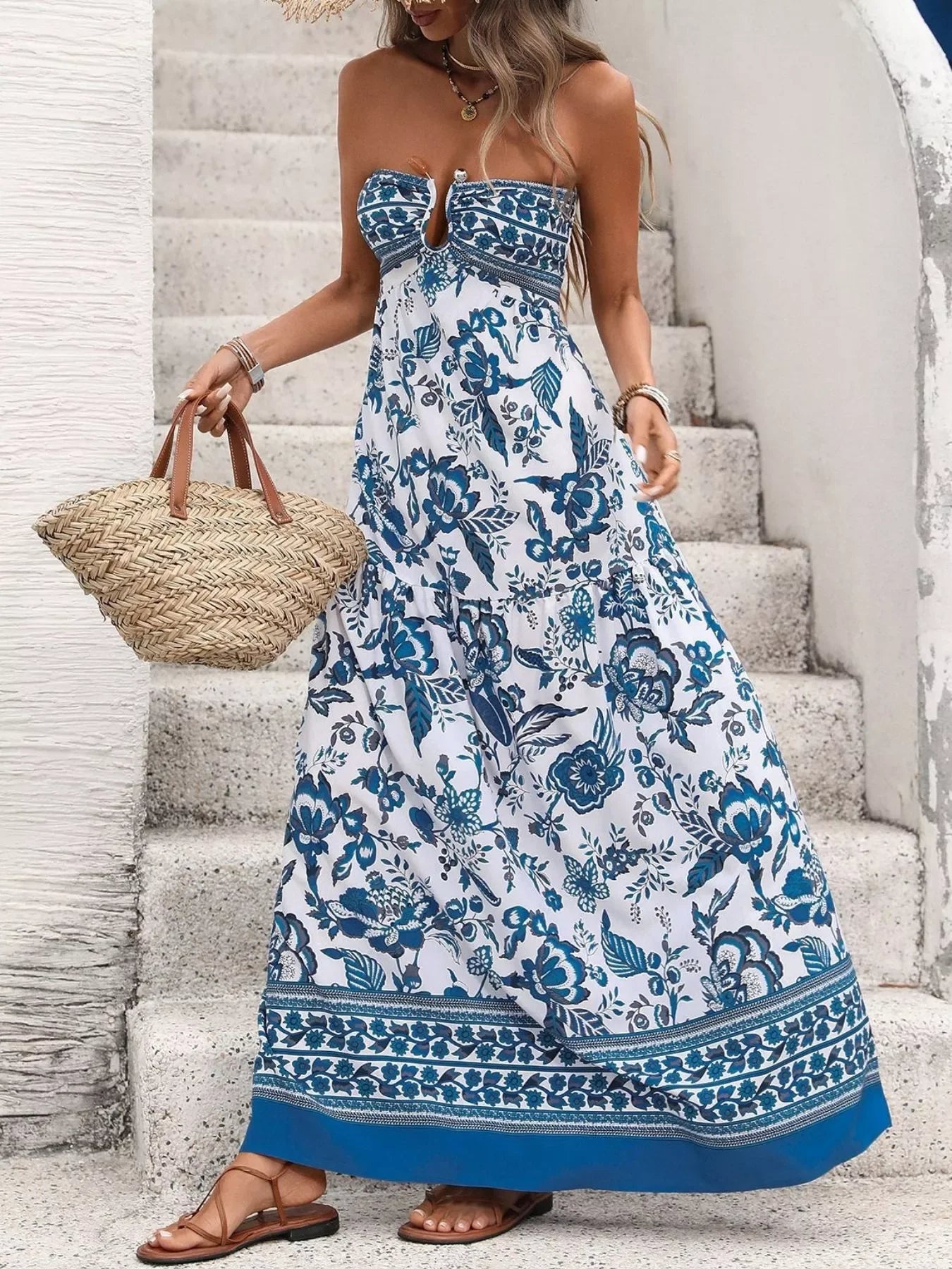 Floral Print Strapless Maxi Dress Polyester Blend - Southern Shores Clothing