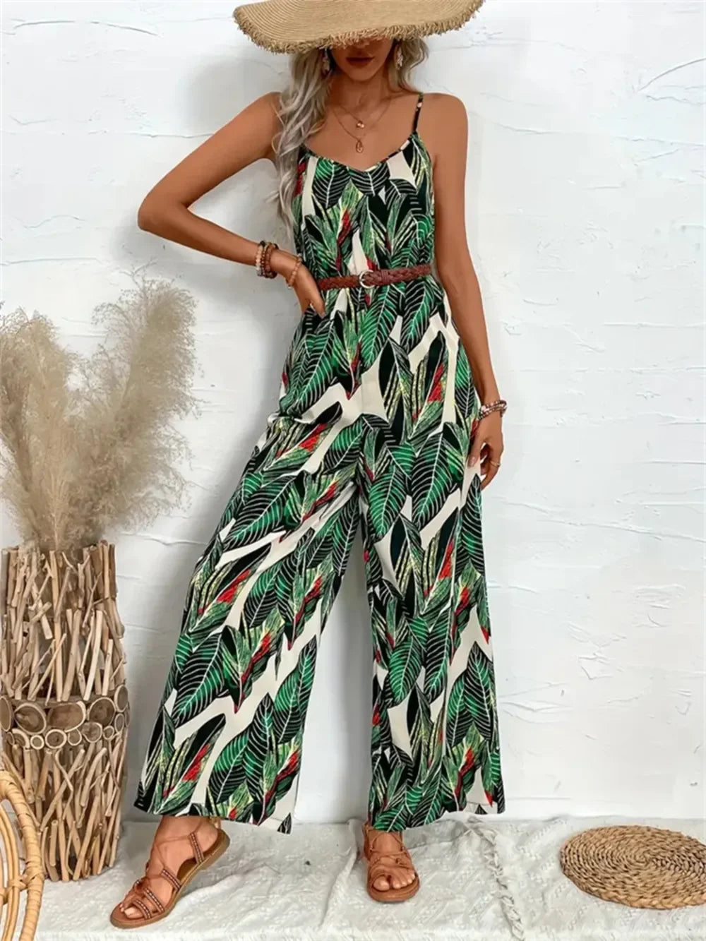 Tropical Print Spaghetti Strap Wide Leg Jumpsuit - Southern Shores Clothing