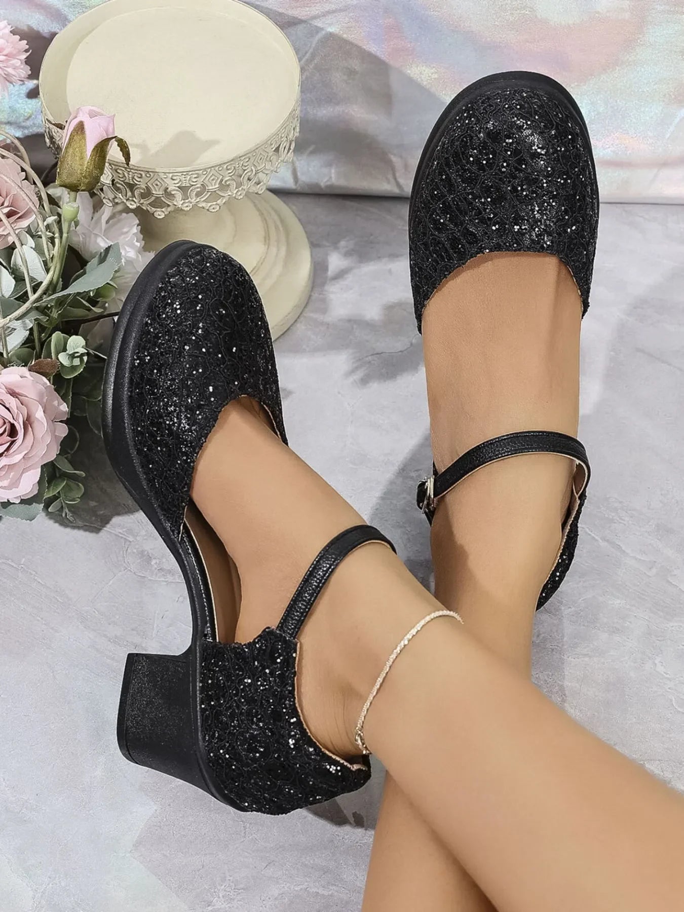 Round Toe Block Heels Pumps With Sequins Linen Mesh - Southern Shores Clothing