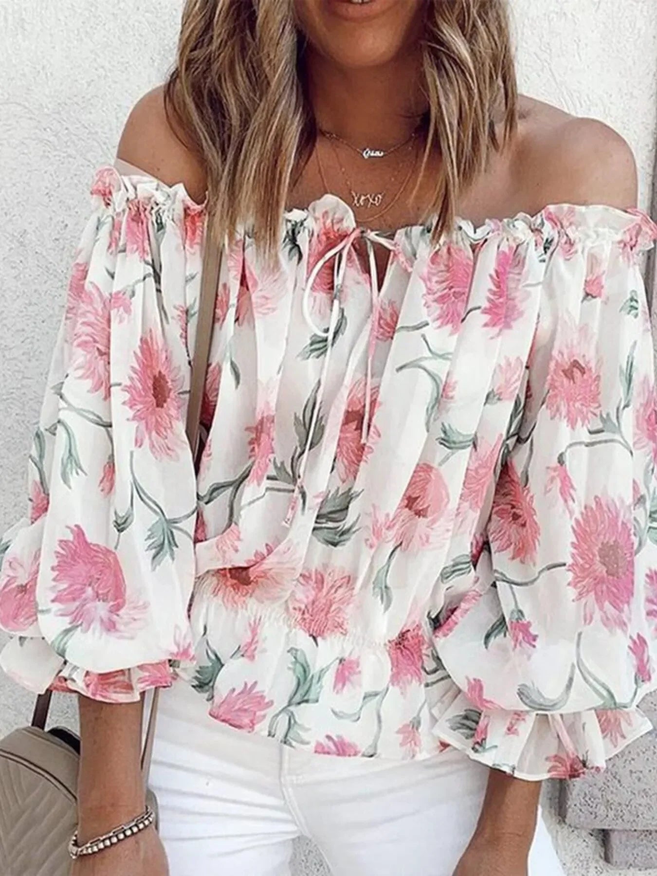 Off Shoulder Tied Ruffled Floral Print Blouse - Southern Shores Clothing