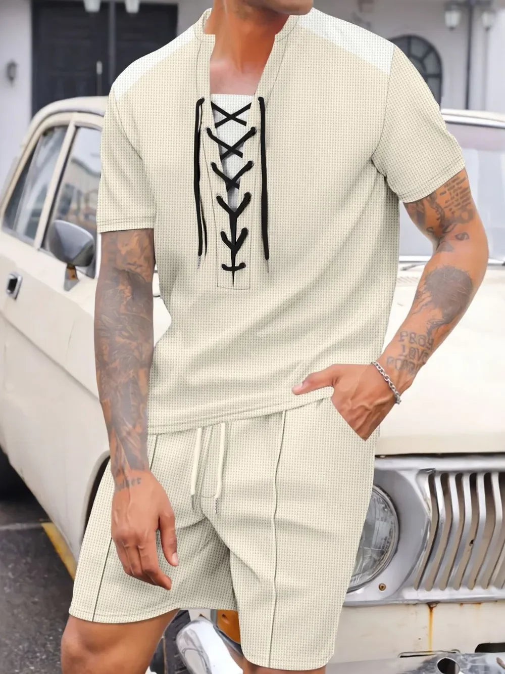 Men's Full Size Lace-Up Waffle Knit Top and Shorts Set Plus Size - Southern Shores Clothing