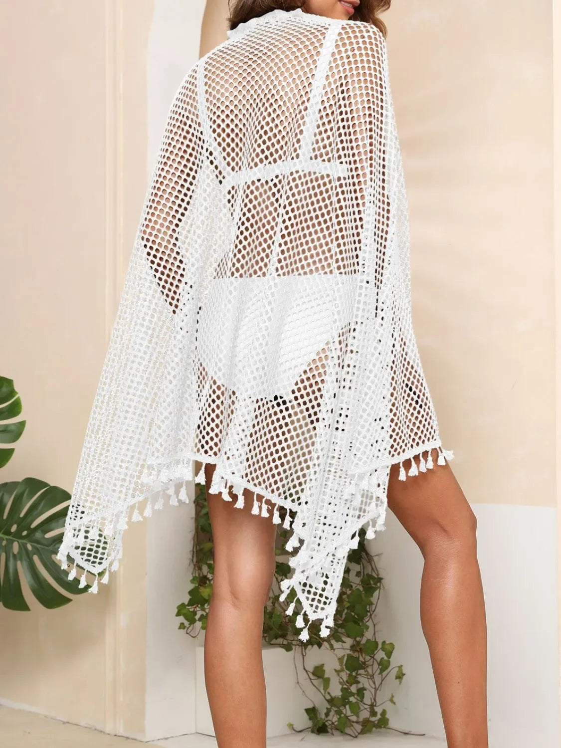 Tassel Openwork Open Front Swimwear Cover Up One Size