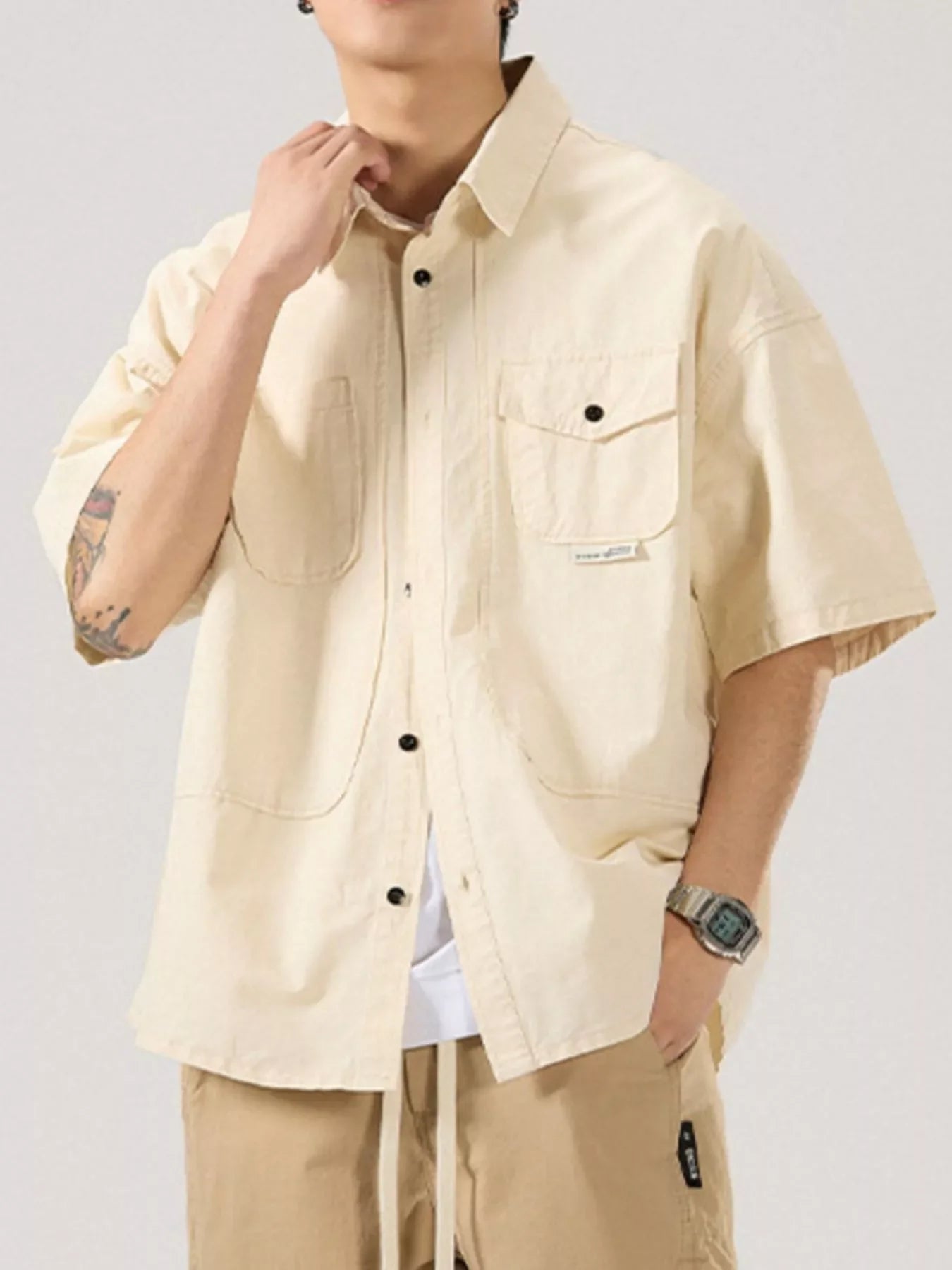 Plus Size Button Up Half Sleeve Cotton Shirt With Pocket - Southern Shores Clothing
