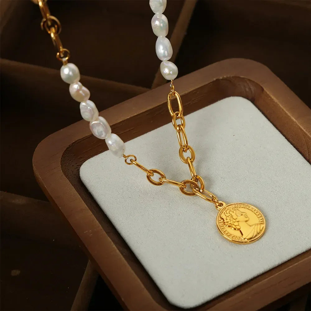 Pearl Coin Pendant Necklace With Titanium Chain Gold Plated - Southern Shores Clothing
