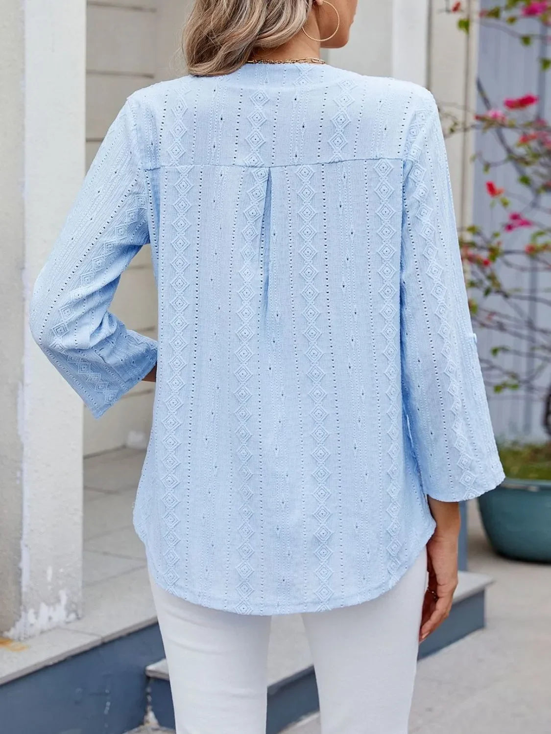 Eyelet Notched Roll-Tab Sleeve Top For Everyday Casual Wear - Southern Shores Clothing