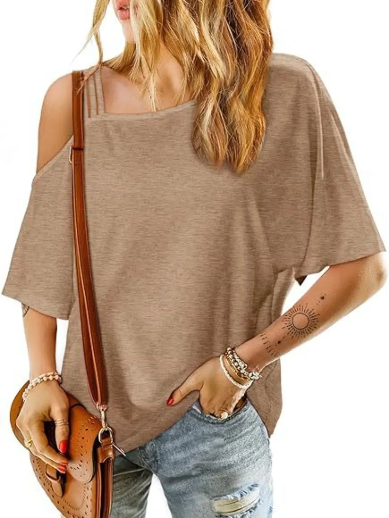 Asymmetrical Neck Half Sleeve Tee With Relaxed Fit - Southern Shores Clothing