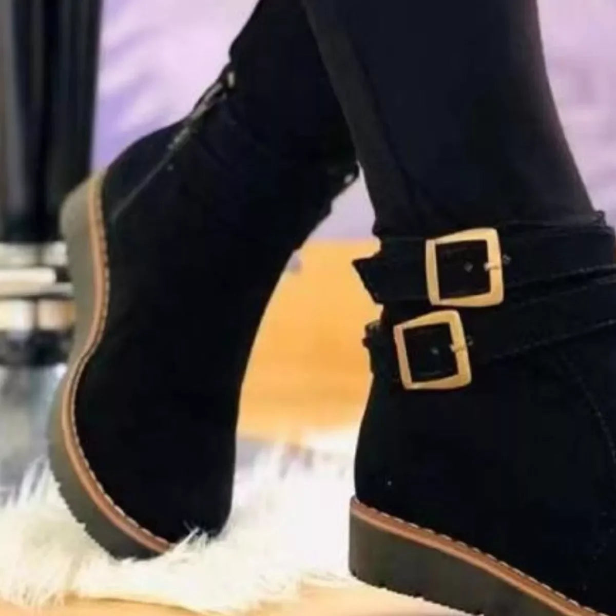 Buckle Accent Suede Ankle Boots With Rubber Sole - Southern Shores Clothing