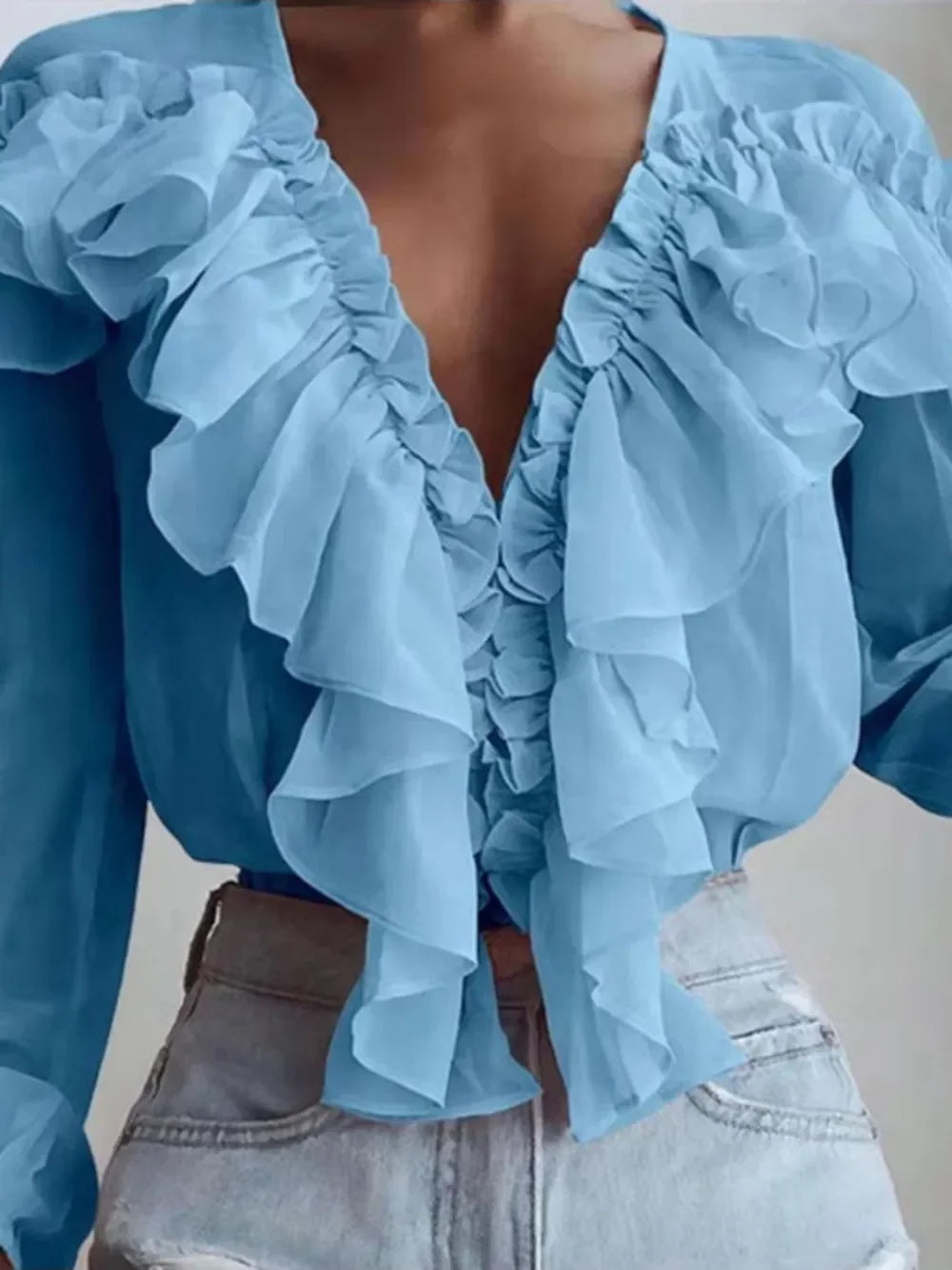 Elegant Ruffled V Neck Long Sleeve Polyester Blouse - Southern Shores Clothing