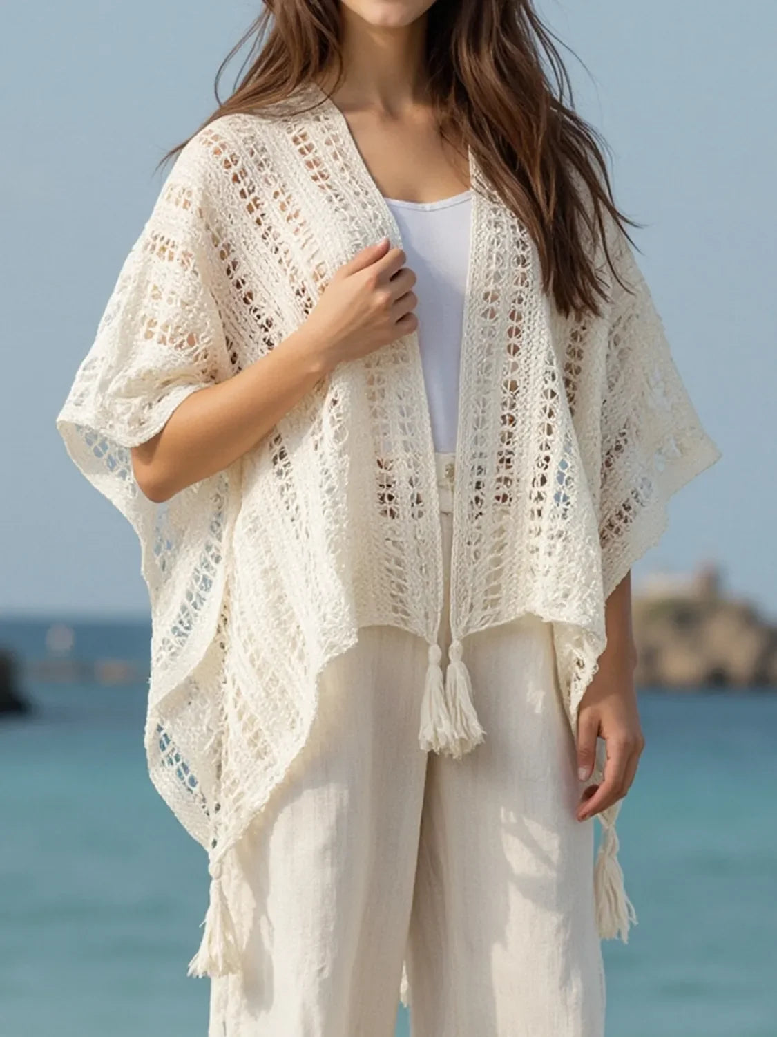 Openwork Tassel Open Front Knit Cover Up Kimono Lightweight - Southern Shores Clothing