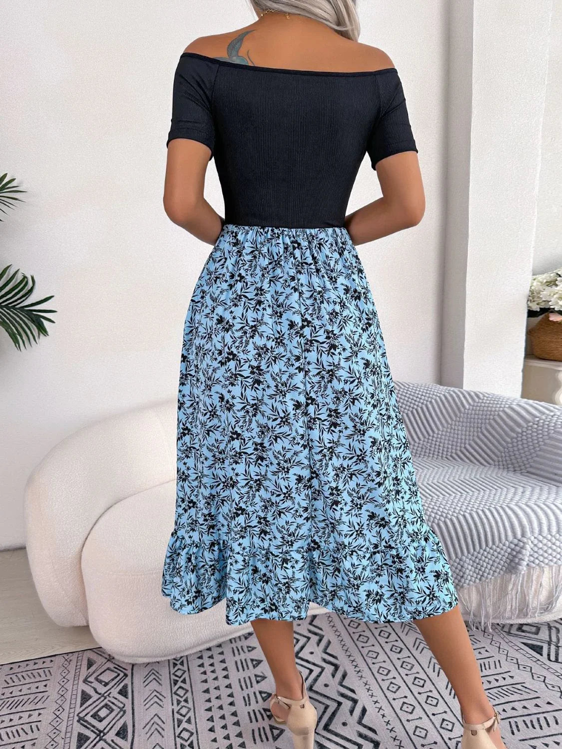 Printed Off-Shoulder Ruffle Hem Dress - Southern Shores Clothing
