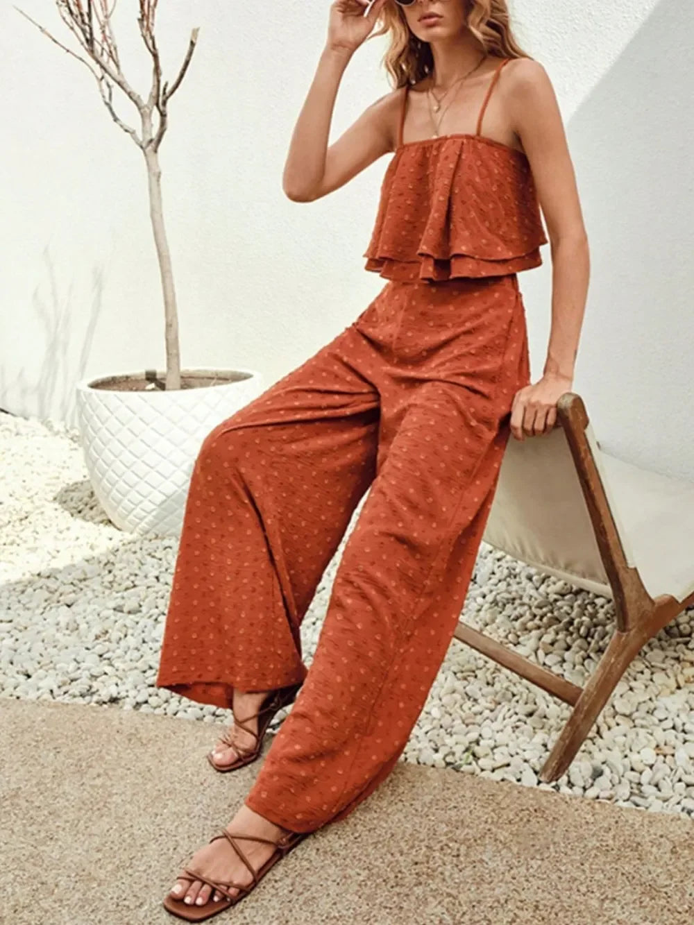 Swiss Dot Layered Cami And Wide Leg Pants Set Polyester Blend - Southern Shores Clothing