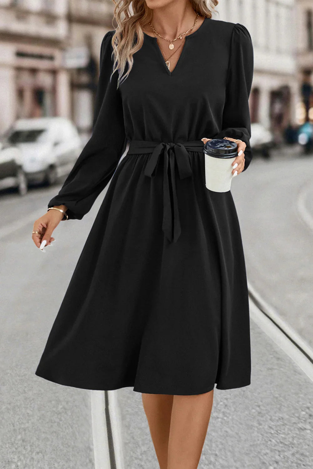 Tie Waist Notched Neck Long Sleeve Dress - Southern Shores Clothing