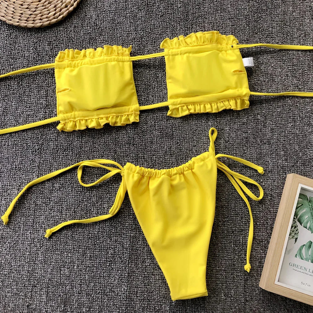 Frill Trim Ruched Bikini Set With Removable Padding - Southern Shores Clothing