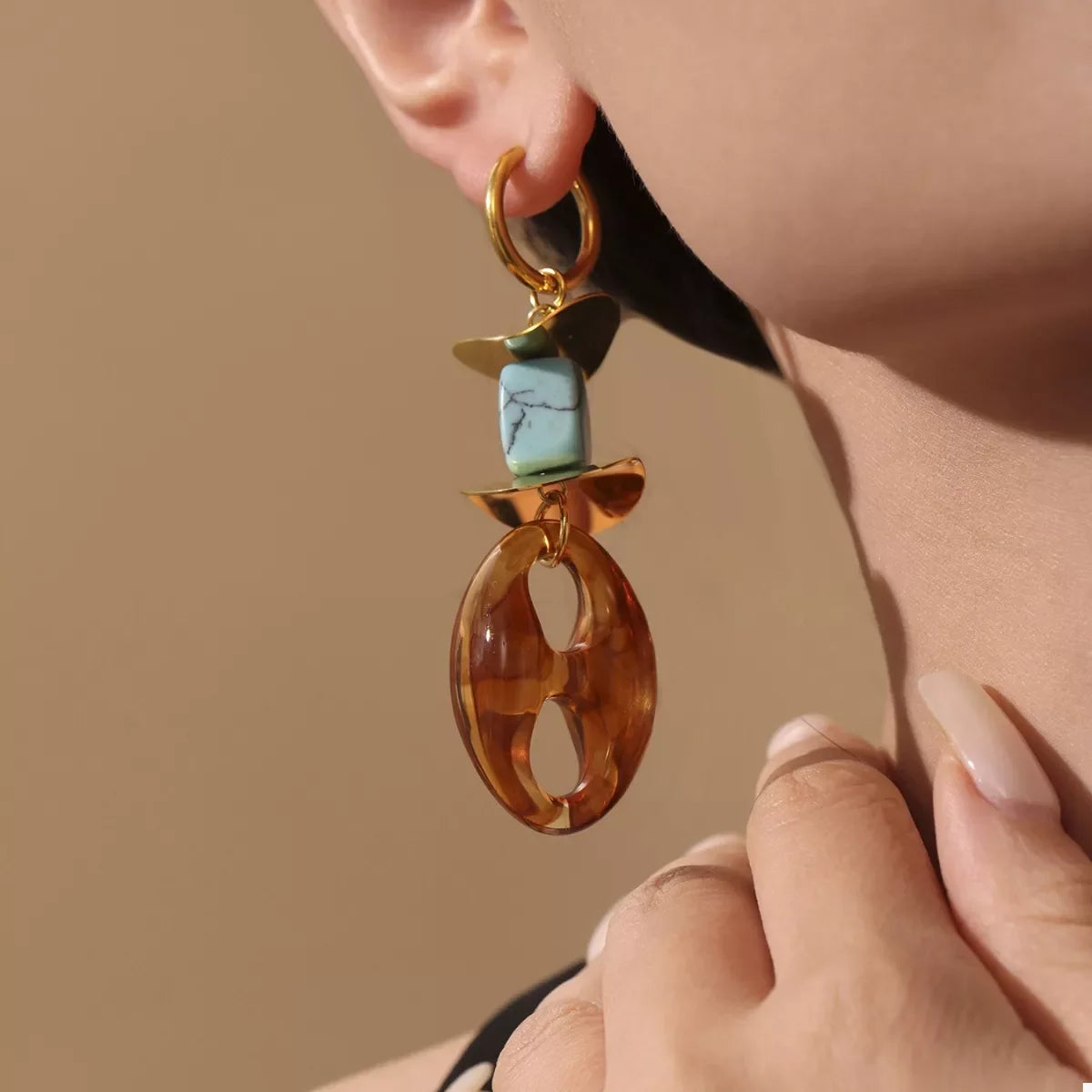 Geometric Drop Earrings With Turquoise In 18K Gold-Plated - Southern Shores Clothing