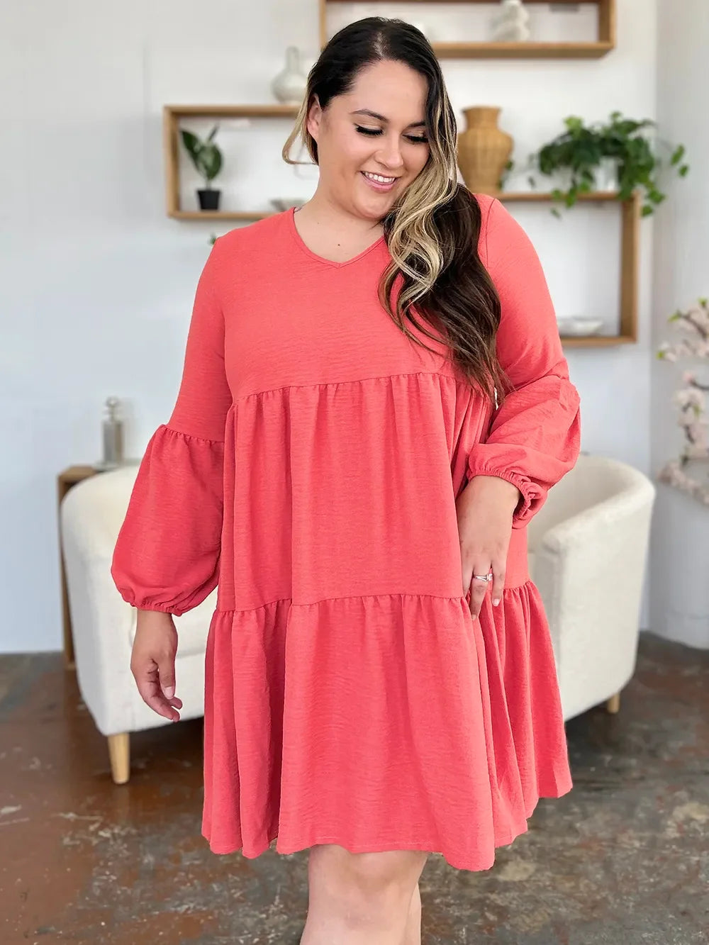 V Neck Balloon Sleeve Tiered Dress With Pockets - Southern Shores Clothing