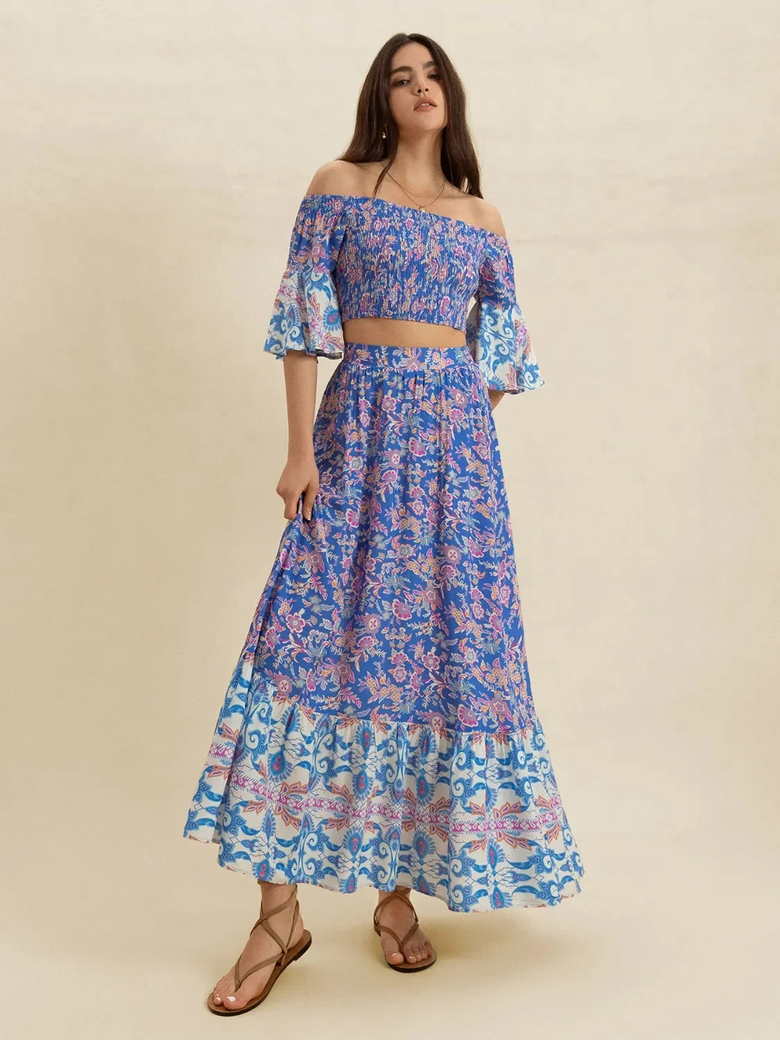 Smocked Off Shoulder Floral Top And Skirt Two Piece Set - Southern Shores Clothing