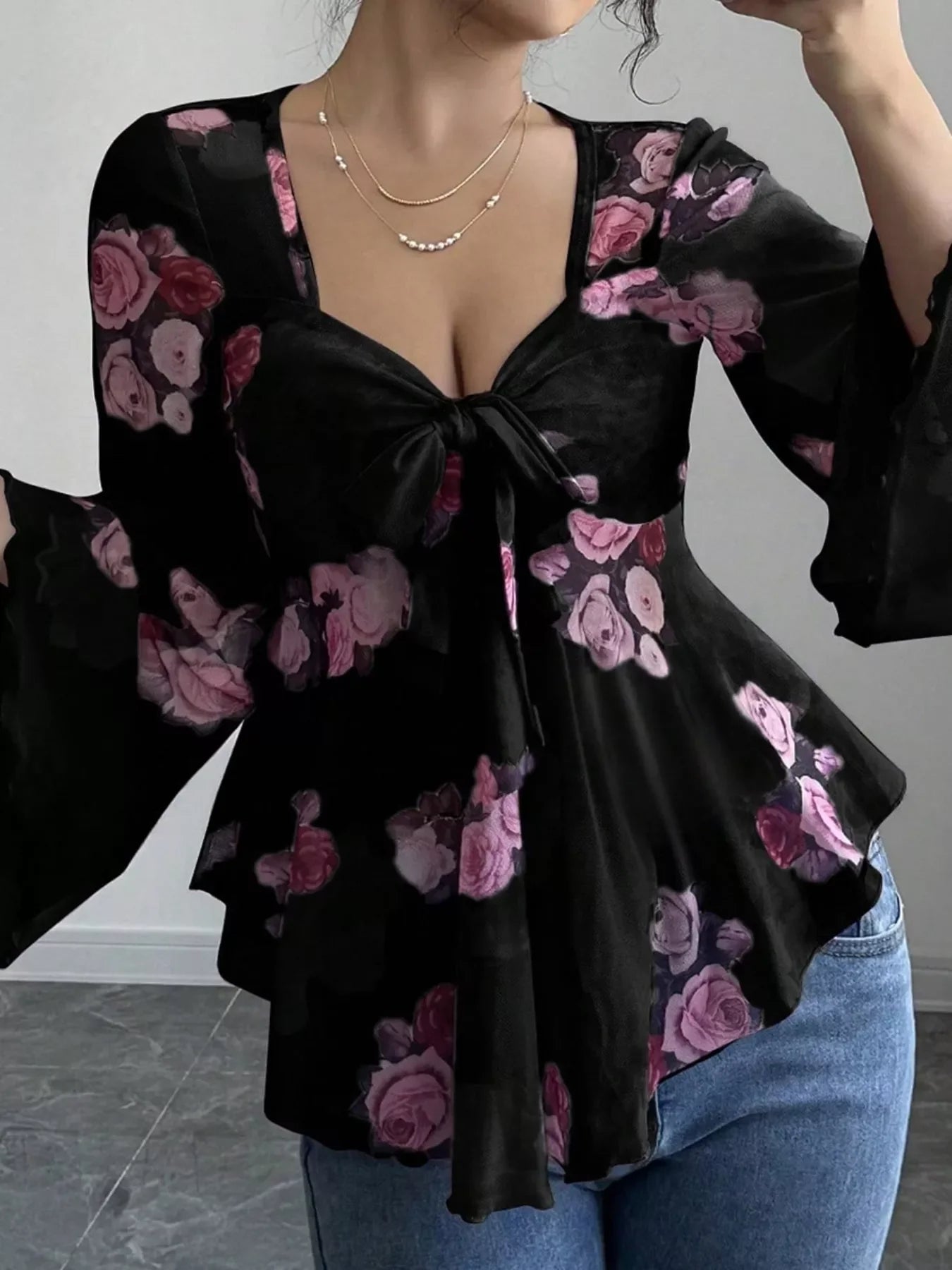Floral Print Tie Front Flare Sleeve Blouse - Southern Shores Clothing