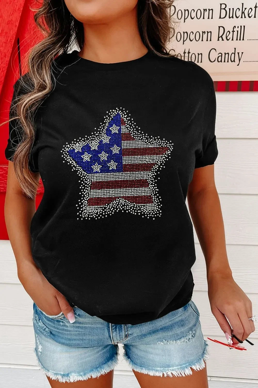 Rhinestone Round Neck Short Sleeve T Shirt With Stretch - Southern Shores Clothing