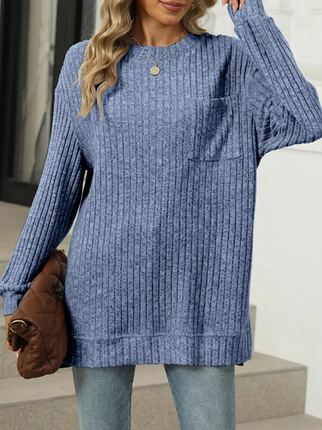 Ribbed Knit Round Neck Sweater - Southern Shores Clothing