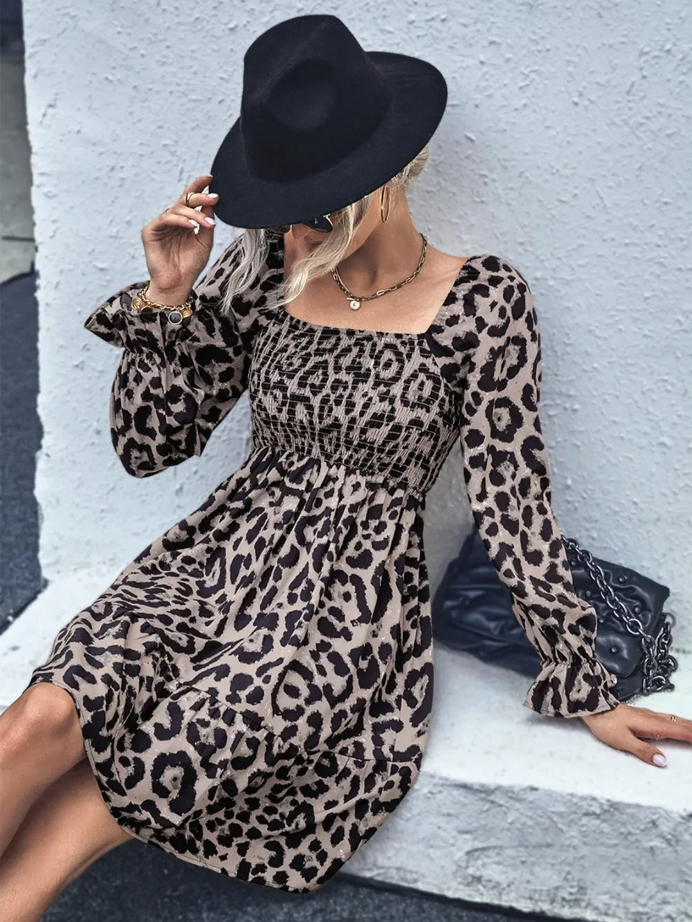 Leopard Smocked Flounce Sleeve Mini Dress - Southern Shores Clothing