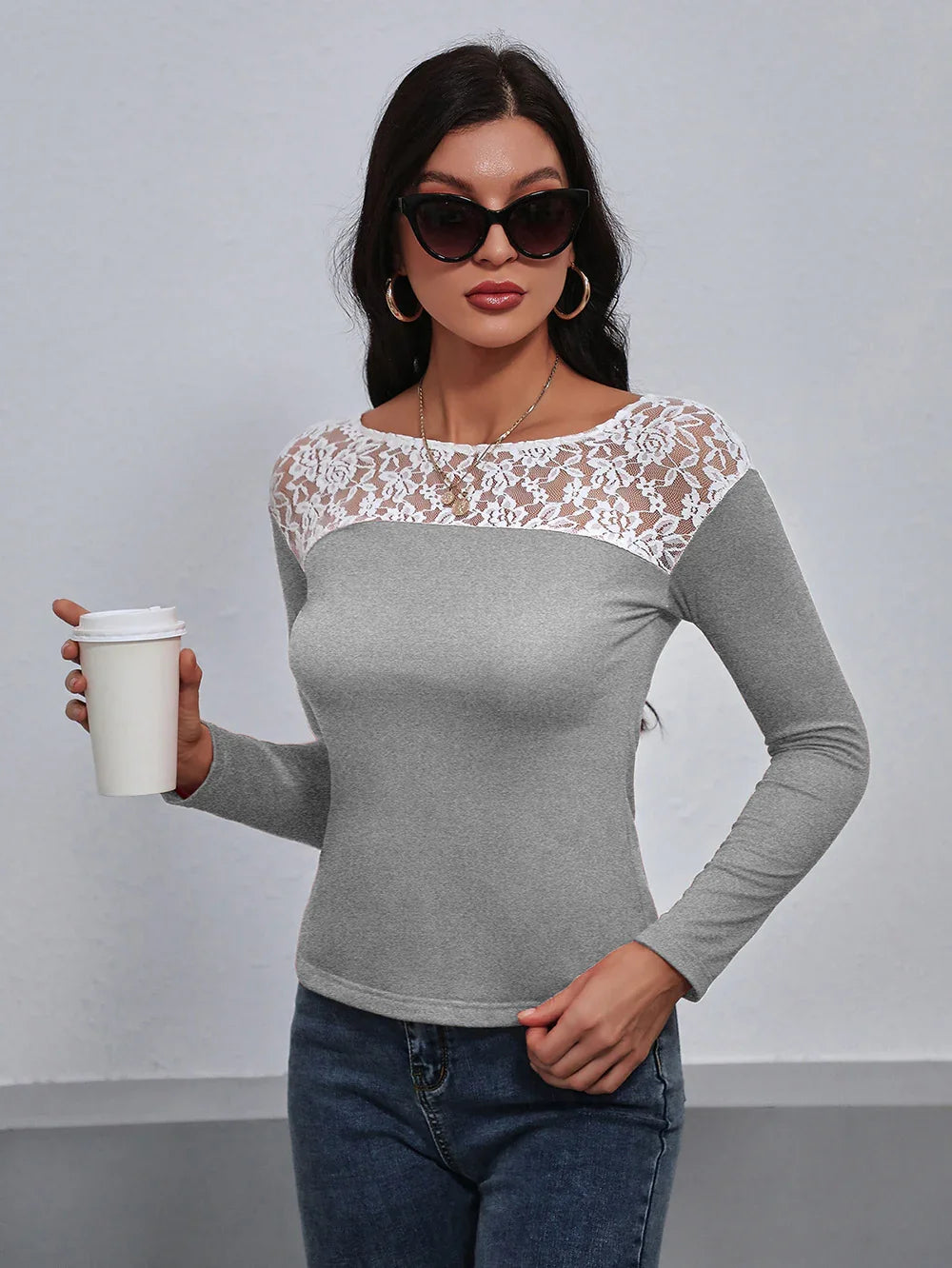 Lace Trim Long Sleeve Round Neck Tee For Casual Wear - Southern Shores Clothing