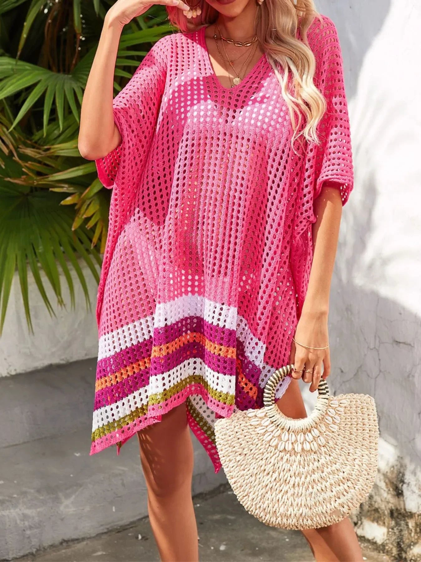Crochet V-Neck Slit Cover-Up Dress One Size - Southern Shores Clothing