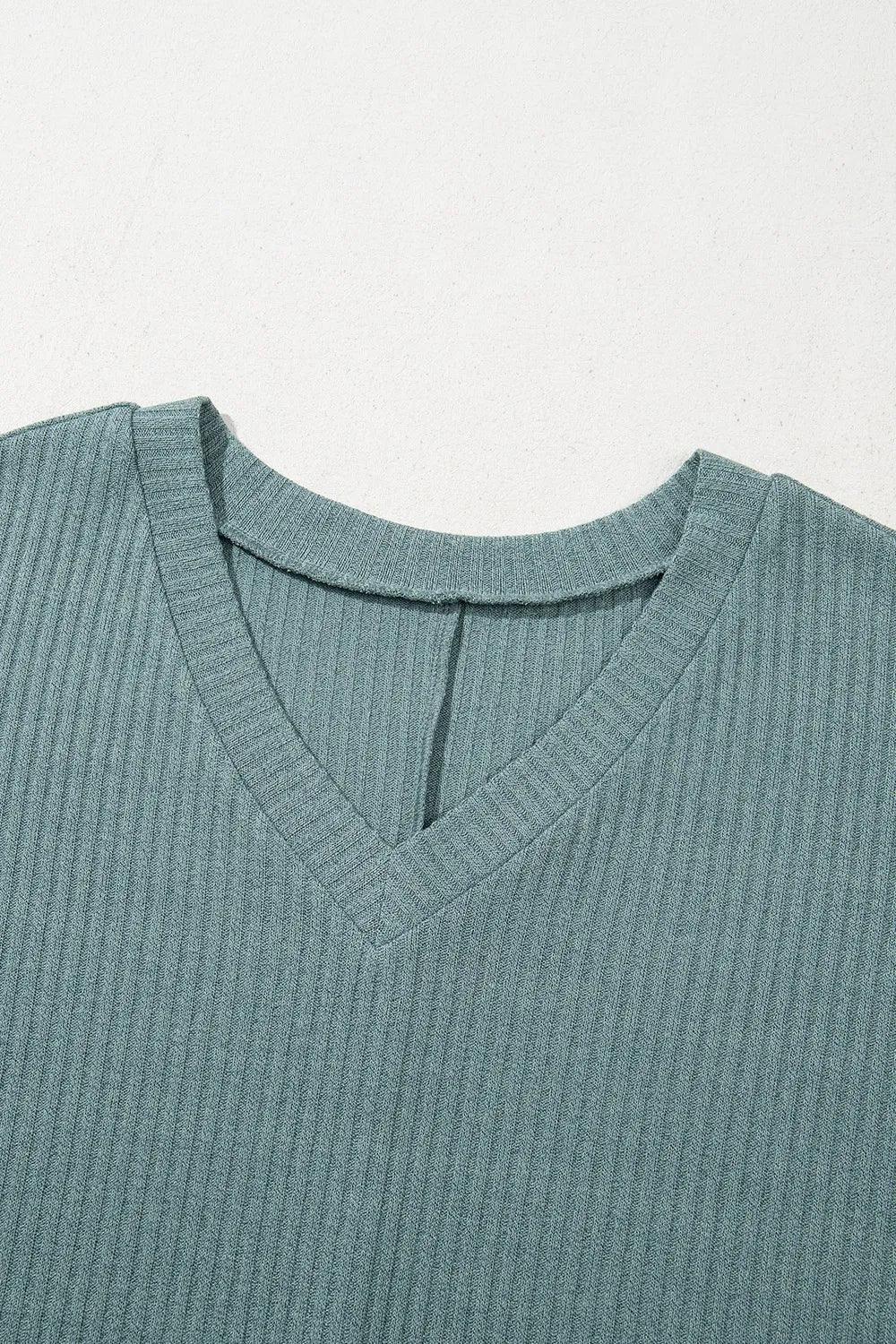 Oversized Ribbed Knit V Neck Dolman Short Sleeve Top - Southern Shores Clothing