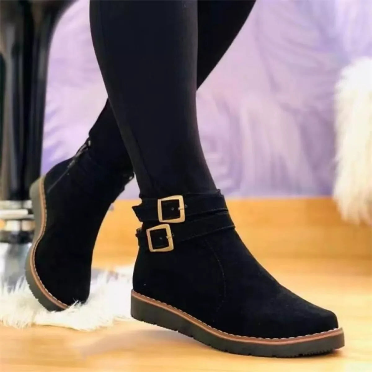 Buckle Accent Suede Ankle Boots With Rubber Sole - Southern Shores Clothing