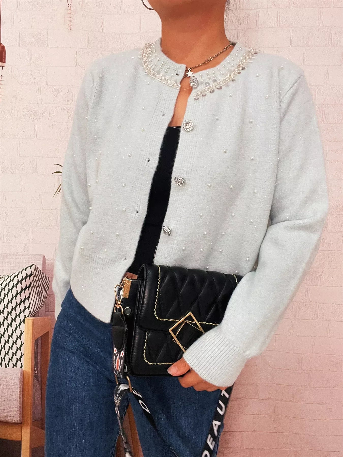 Pearl Detail Button Front Cardigan Stretch Knit - Southern Shores Clothing