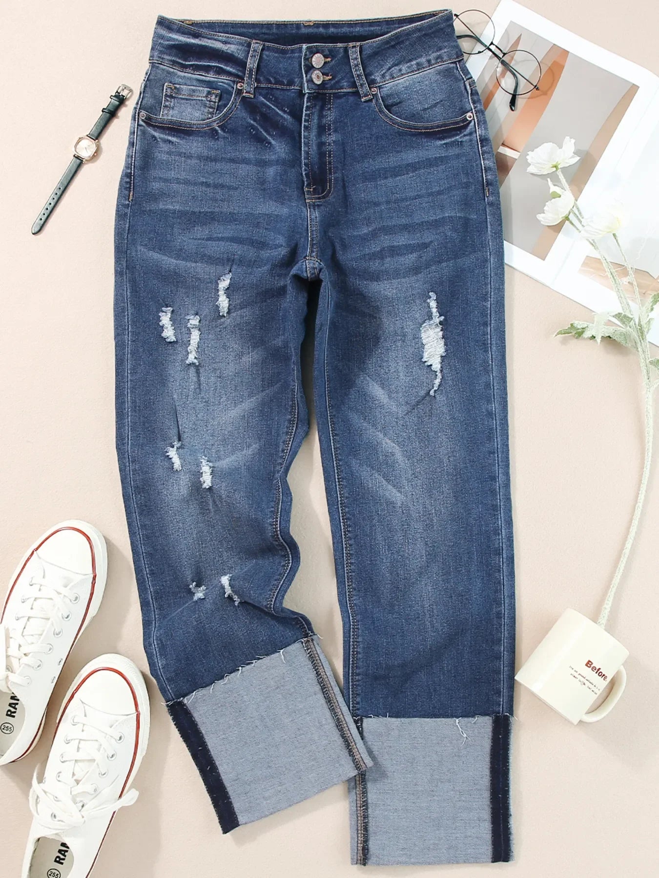 Coastal Inspired High Waist Distressed Straight Leg Jeans - Southern Shores Clothing