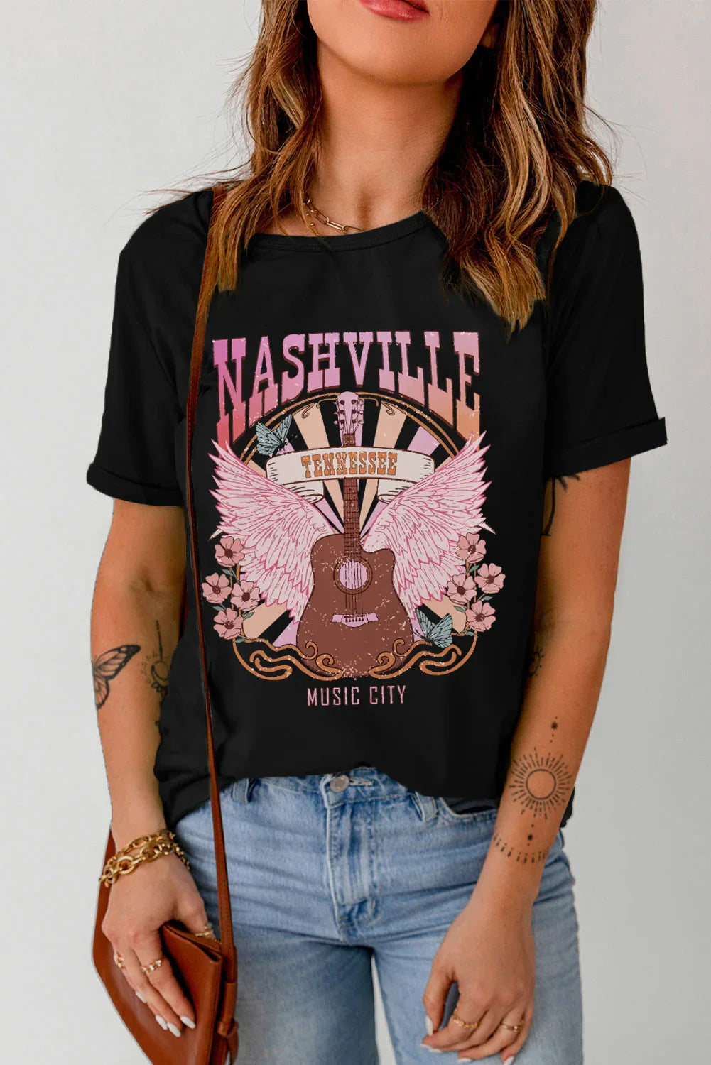 Nashville Music City Graphic Round Neck T Shirt - Southern Shores Clothing