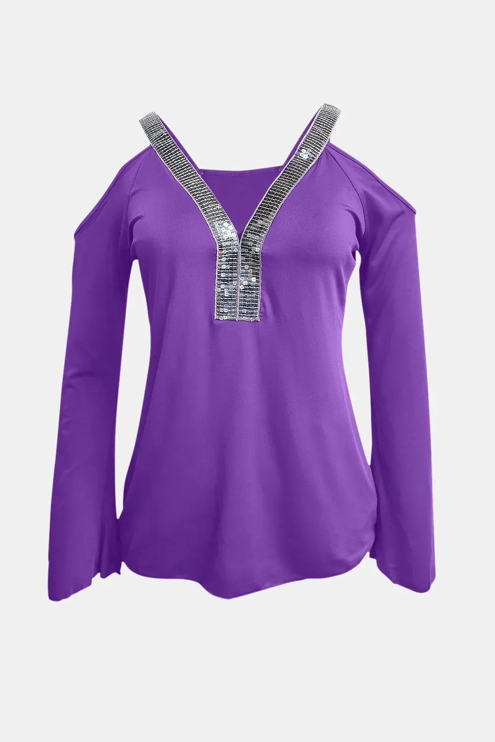 Sequin V-Neck Cold Shoulder Top With Stretchy Fabric - Southern Shores Clothing