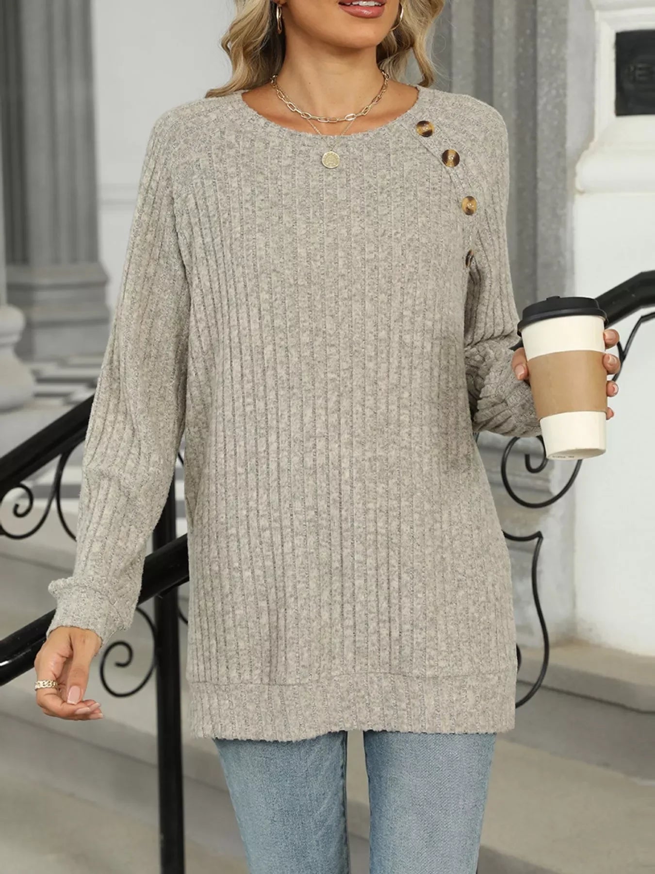 Round Neck Side Slit Ribbed Knit Top with Asymmetric Button Detail - Southern Shores Clothing