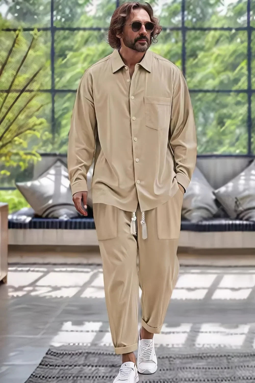 Men's Collared Neck Long Sleeve Top and Pants Set Plus Size - Southern Shores Clothing