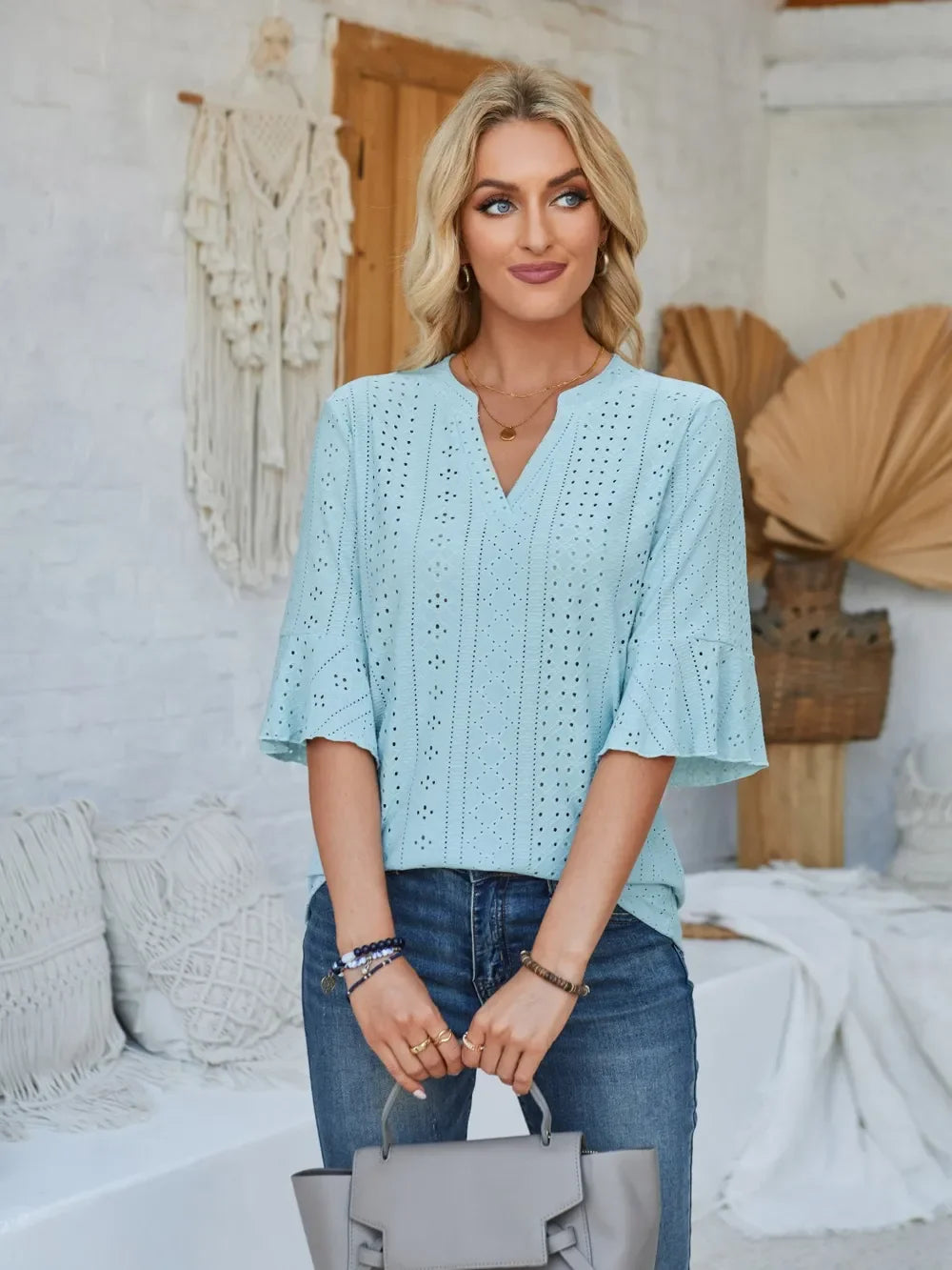 Eyelet Notched Half Sleeve T Shirt With Opaque Design - Southern Shores Clothing