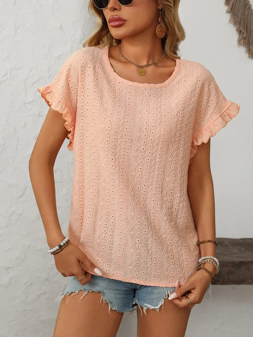 Eyelet Frill Round Neck Short Sleeve Top - Southern Shores Clothing