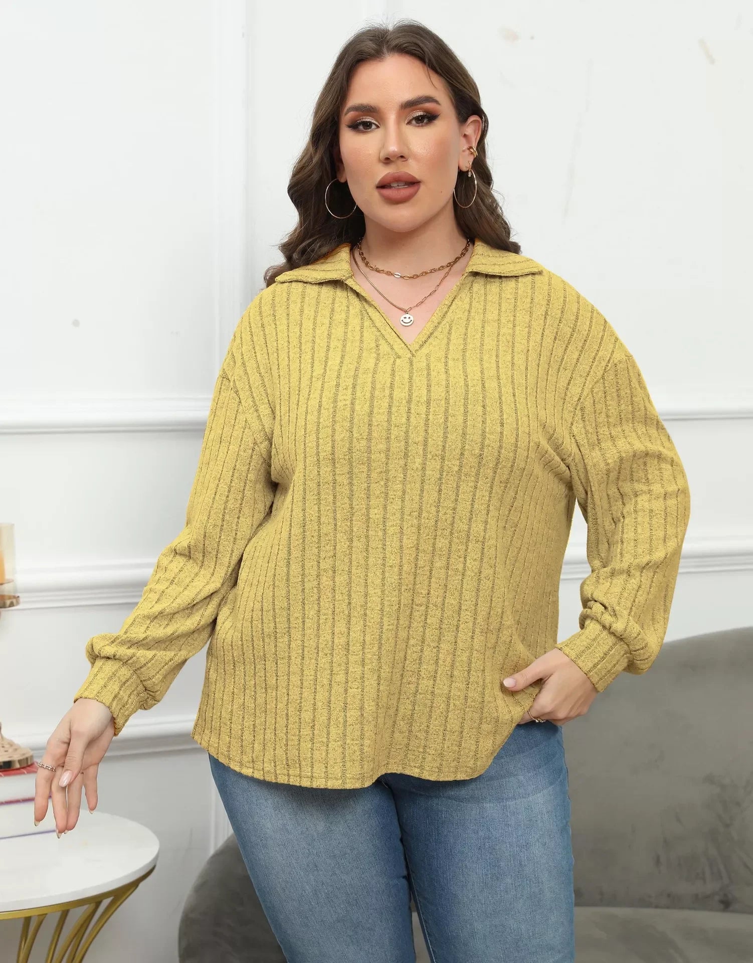 Plus Size Ribbed Knit Polo Collar T Shirt - Southern Shores Clothing