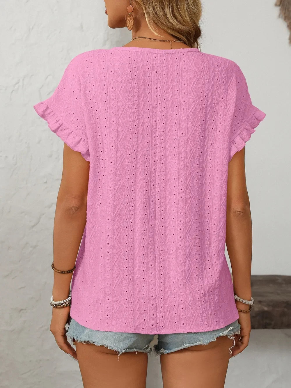 Eyelet Frill Round Neck Short Sleeve Top - Southern Shores Clothing