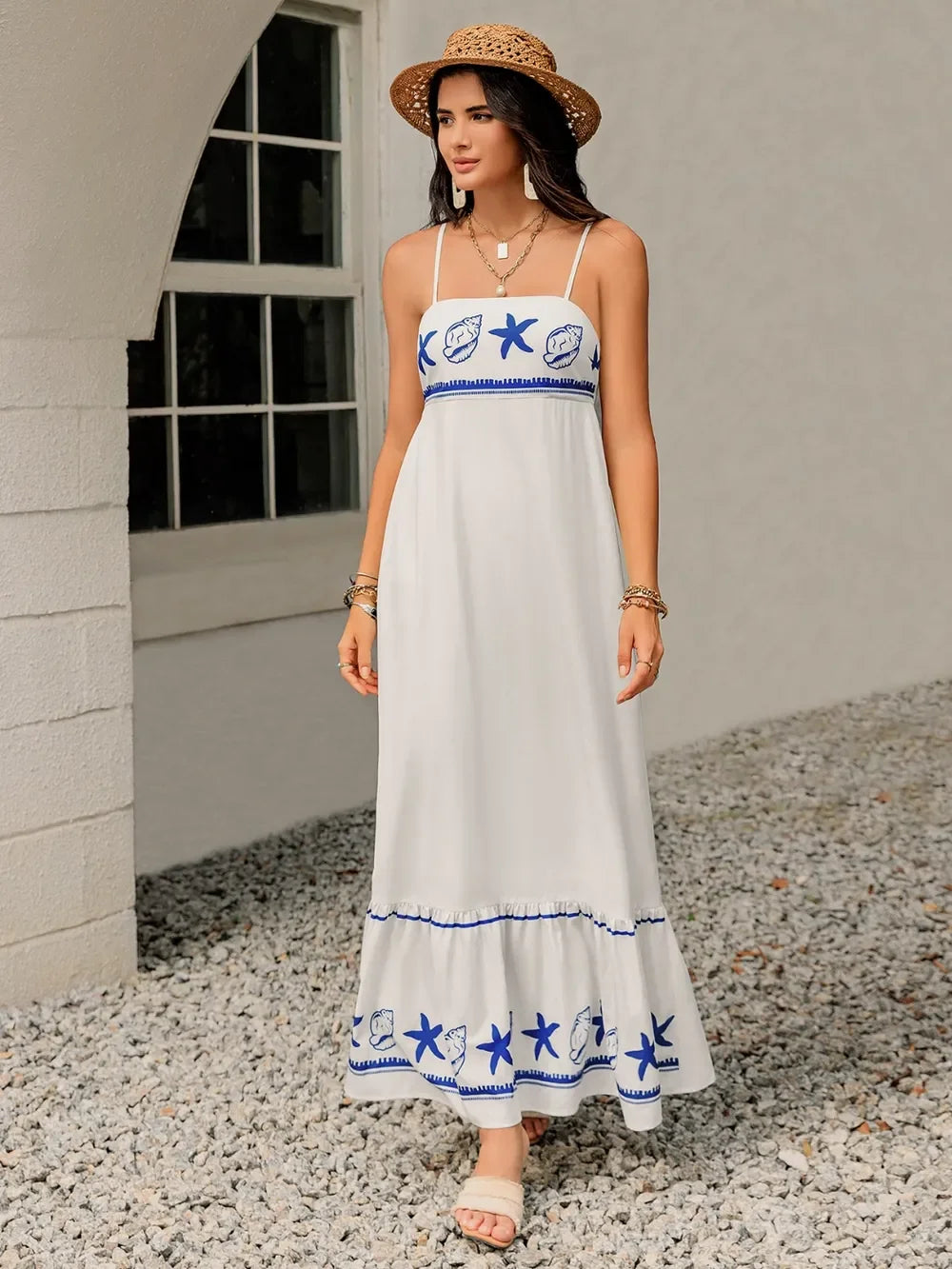 Printed Square Neck Maxi Cami Dress With Embroidered Border - Southern Shores Clothing
