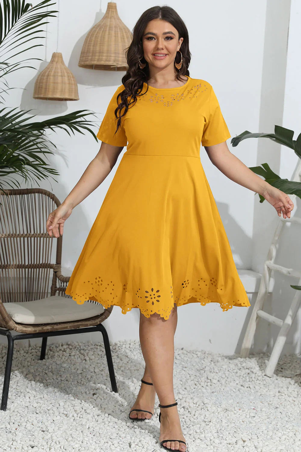 Plus Size Round Neck Openwork Dress - Southern Shores Clothing