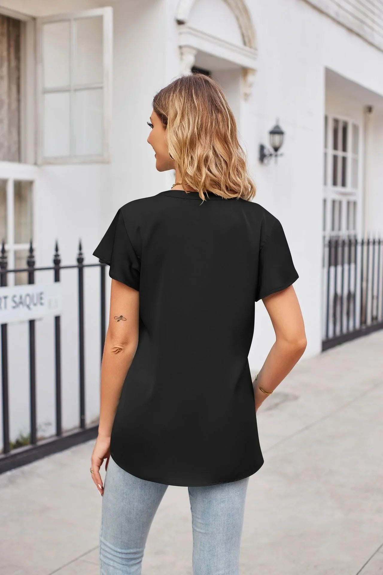 V Neck Flutter Sleeve Satin Top Solid Casual - Southern Shores Clothing